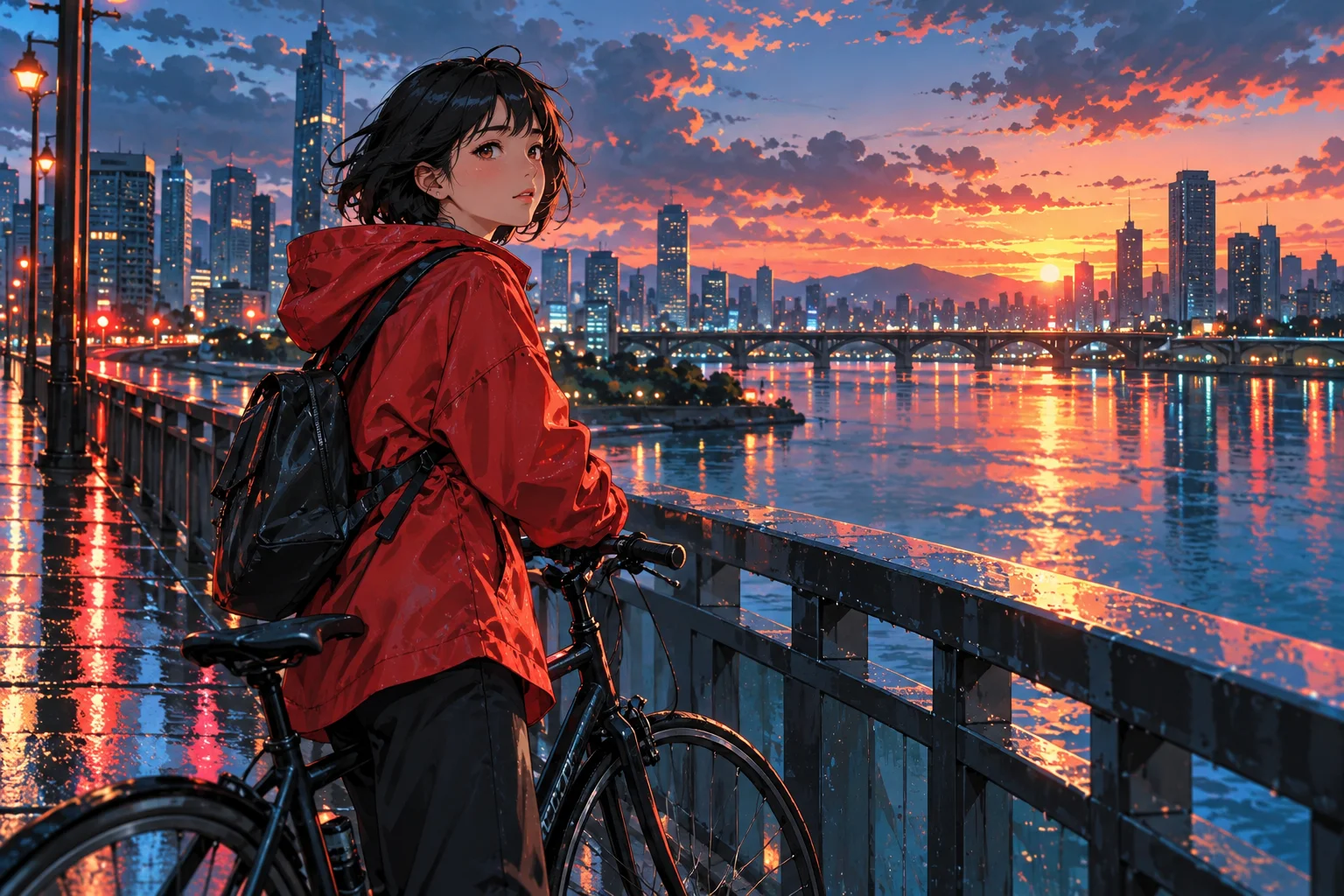 La ciclista bajo la lluvia. Referencia visual de Anime moderno.