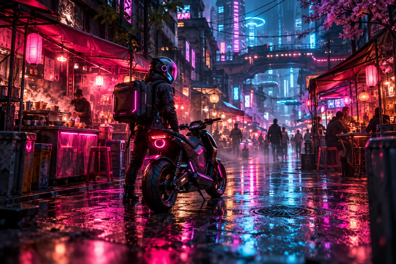 Mercado del futuro. Referencia visual de Cyberpunk neón.