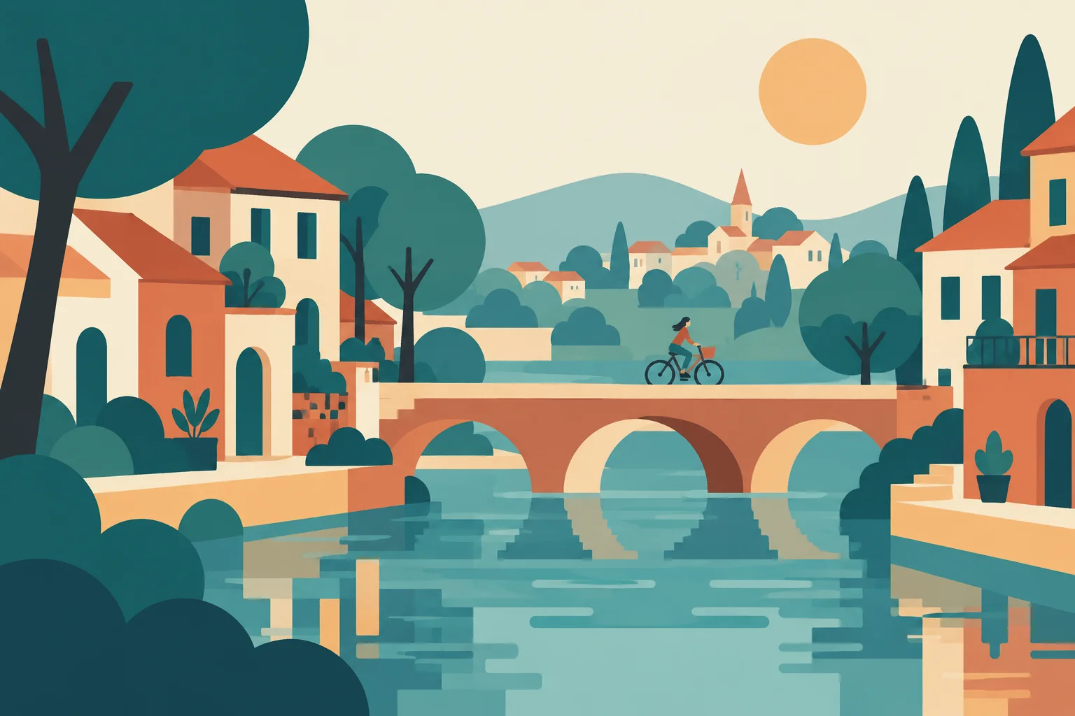 La ciudad junto al río. Referencia visual de Ilustración vectorial.