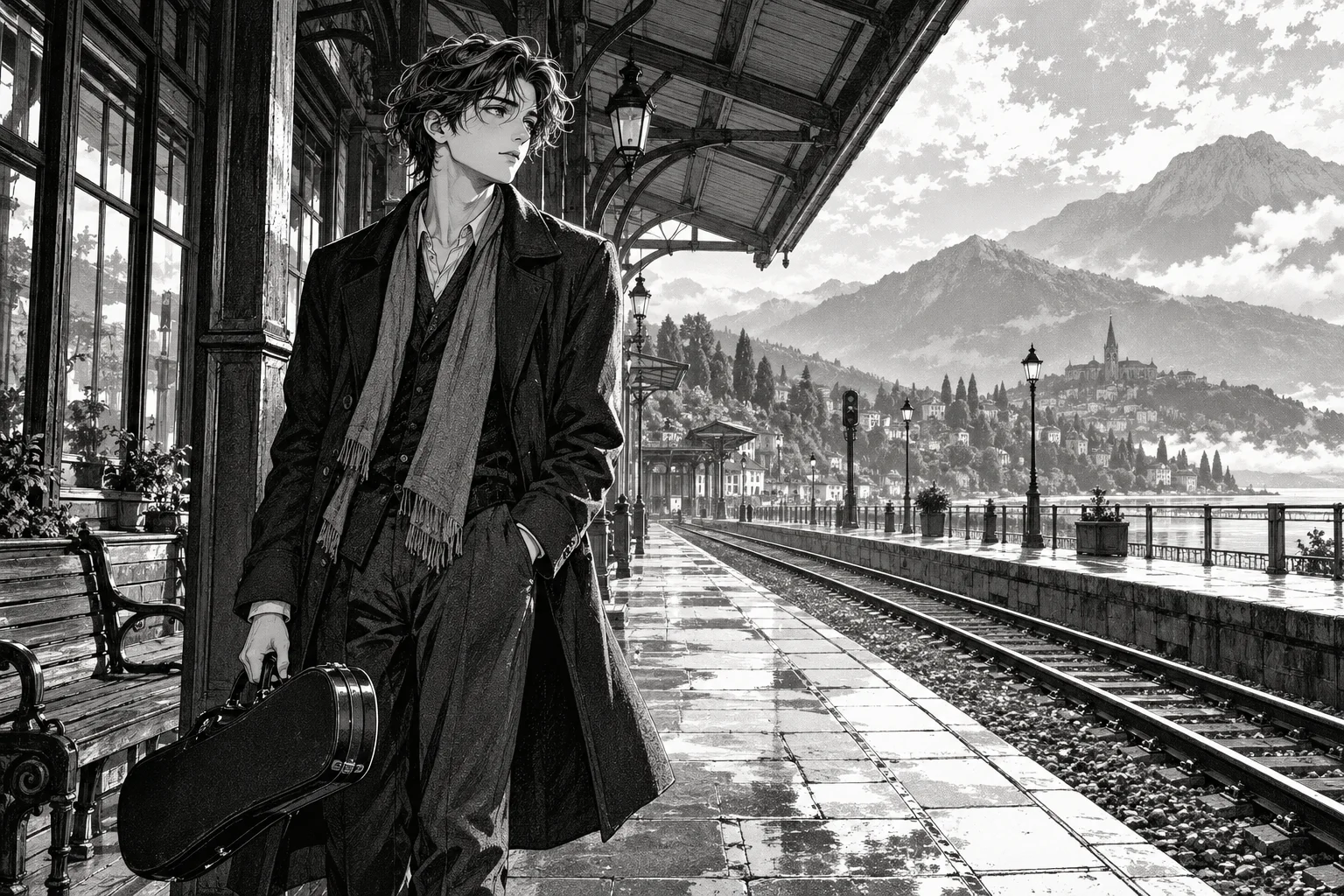 El músico del tren. Referencia visual de Manga entintado.