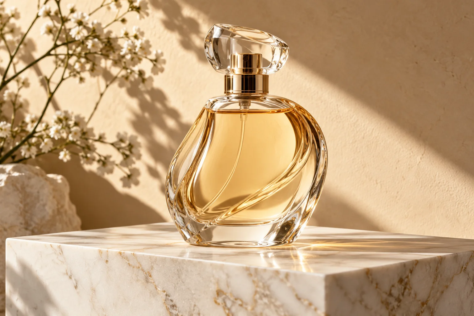 Perfume sobre mármol. Referencia visual de Pedestal de mármol.