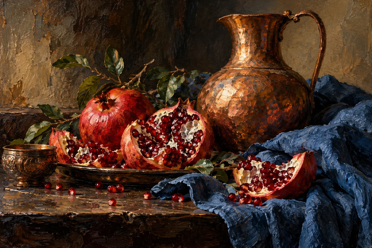 Granadas y cobre. Referencia visual de Óleo clásico.