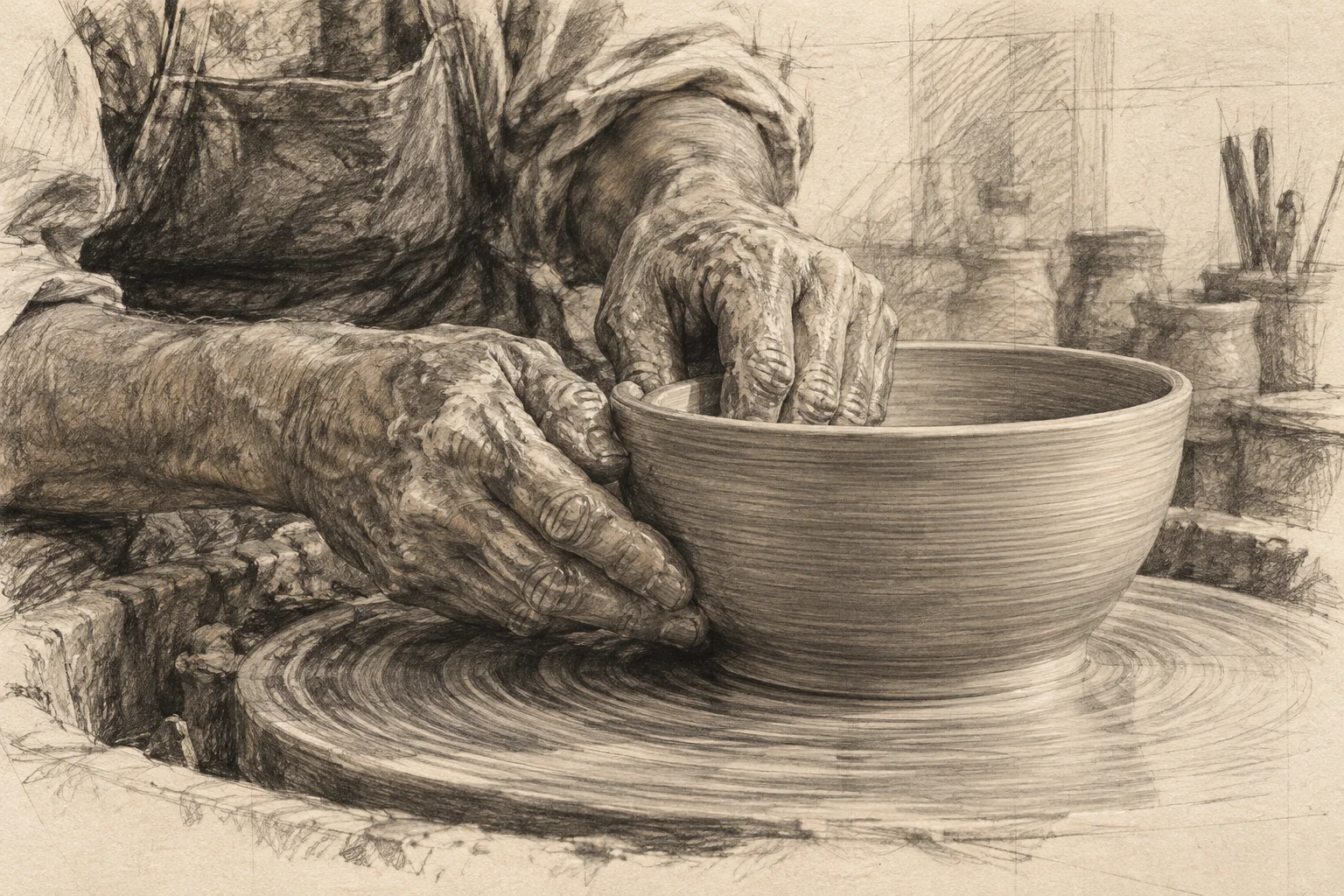 Manos de artesano. Referencia visual de Boceto a lápiz.