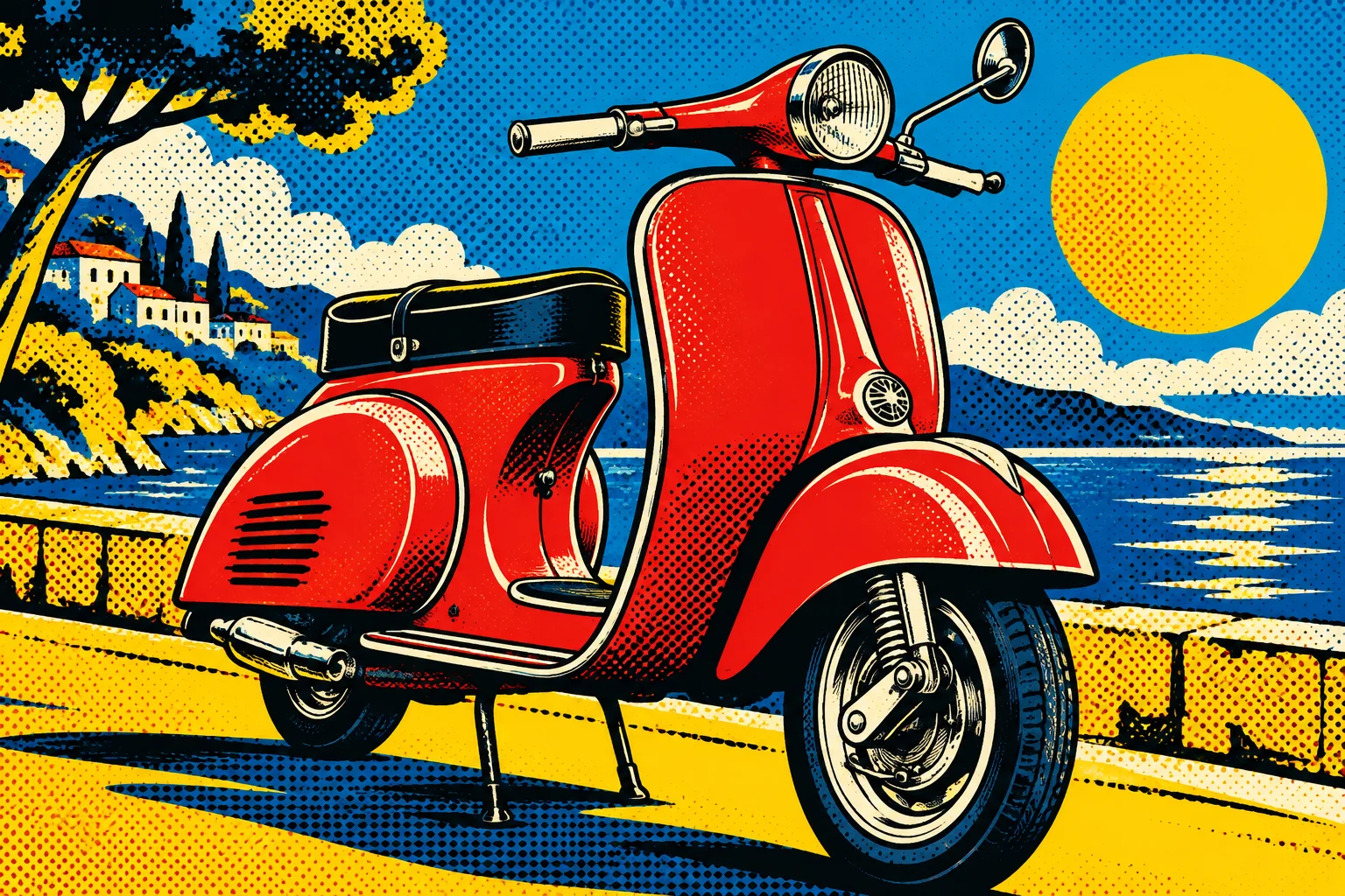 Una moto en color. Referencia visual de Pop-art retro.