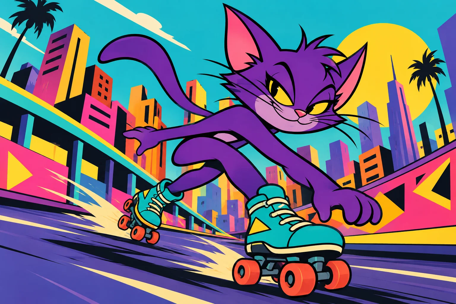 Un gato con patines. Referencia visual de Dibujo animado retro.