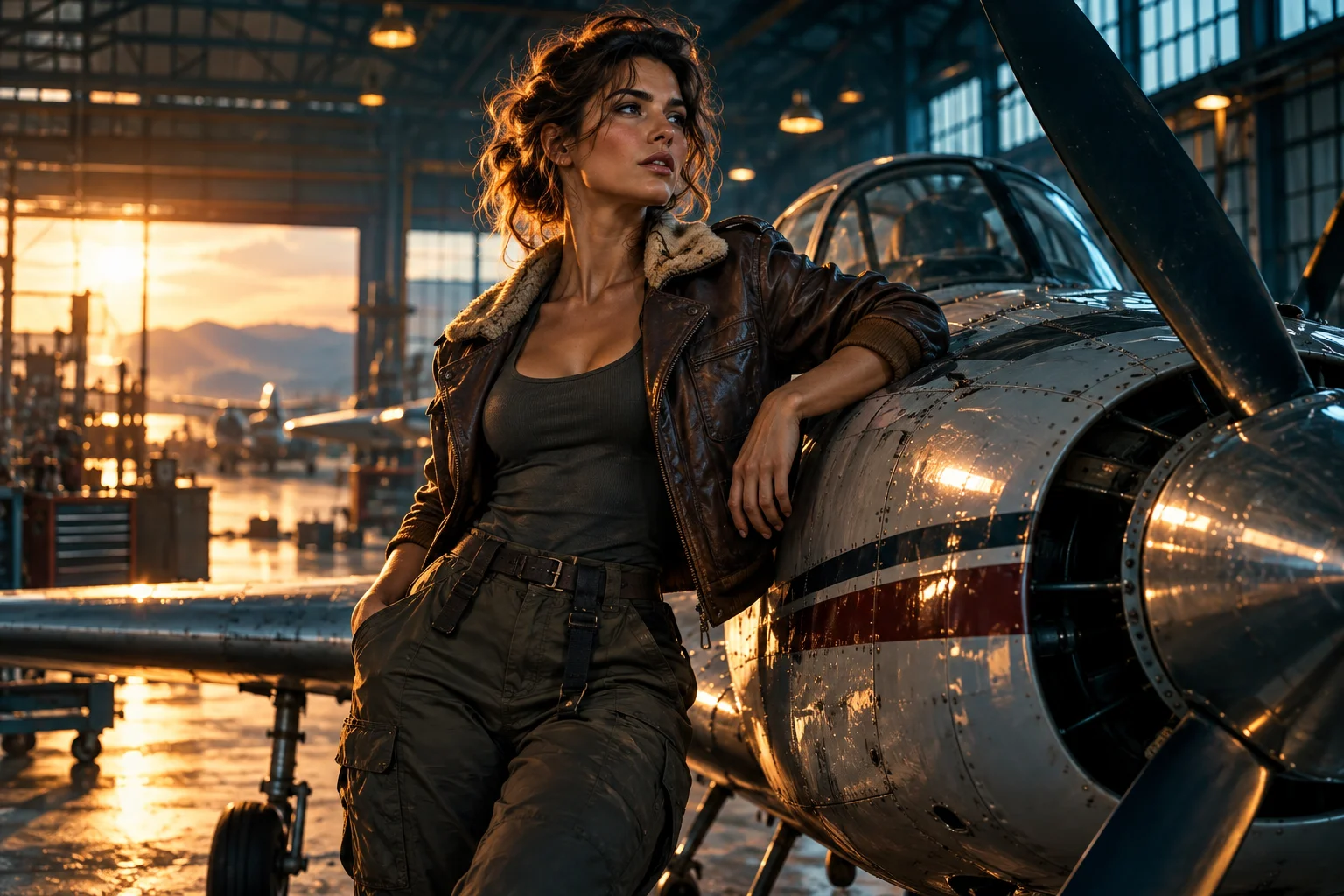 La piloto en el hangar. Referencia visual de Blockbuster teal & orange.