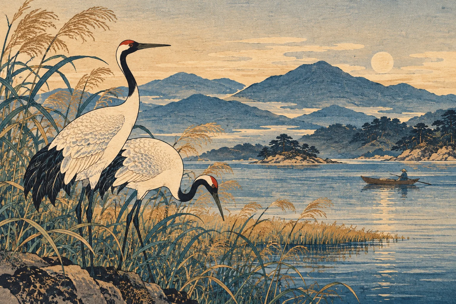 Grullas junto al agua. Referencia visual de Grabado japonés.