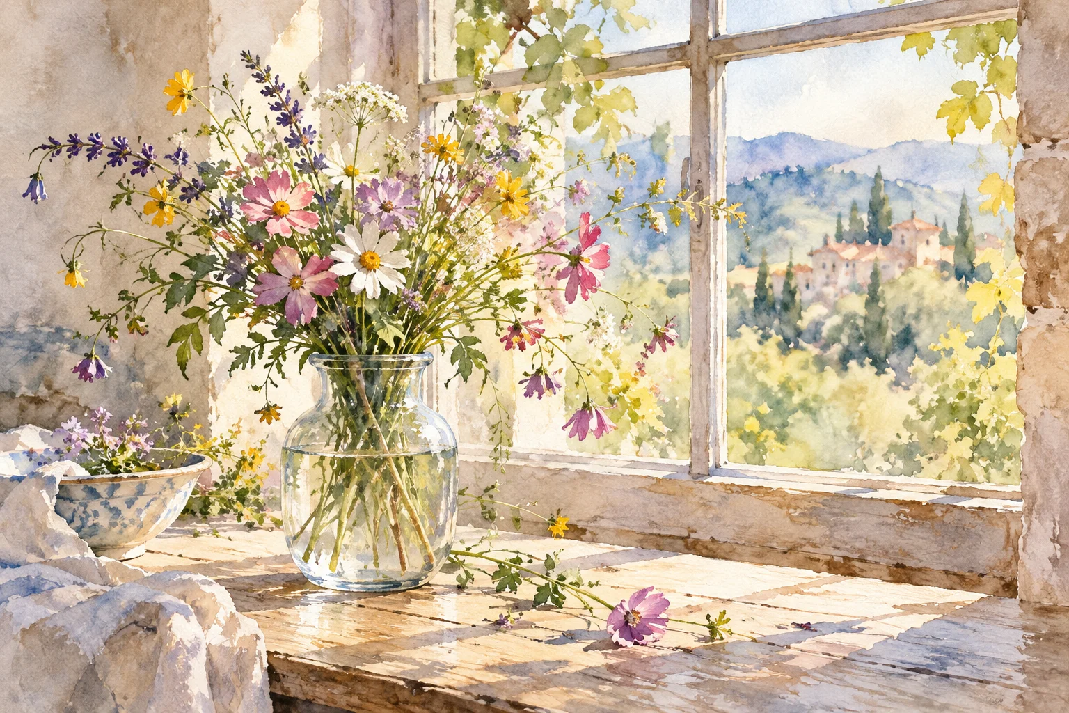 Flores a la ventana. Referencia visual de Acuarela.